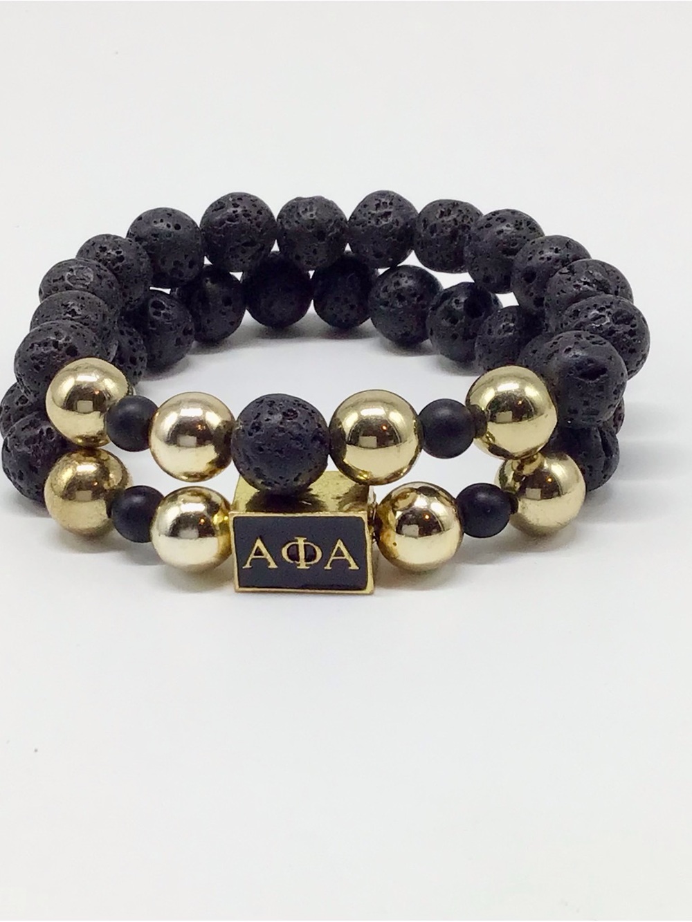Alpha Phi Alpha Black Lava & Gold Bead Bracelet Set
